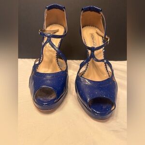 Oscar de la Renta Patent Leather Blue Strappy Peep-Toe Heels